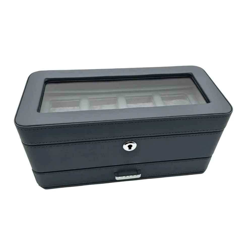 Watch Box Organizer ROTHWELL 4 Slot Carbon Leather Valet Drawer Glass Lid